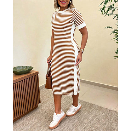 🔥 Le look le plus tendance de cet été ! Robe midi à manches courtes rayée pour femme