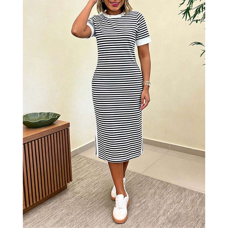 🔥 Le look le plus tendance de cet été ! Robe midi à manches courtes rayée pour femme