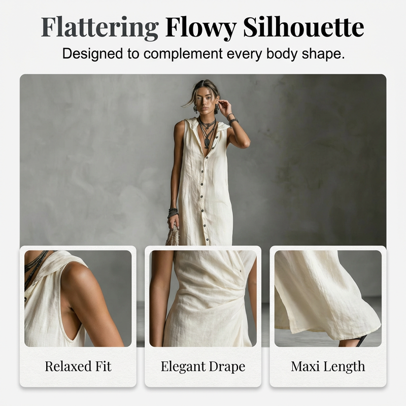 Robe Maxi Sans Manches Boutonnée à Capuche