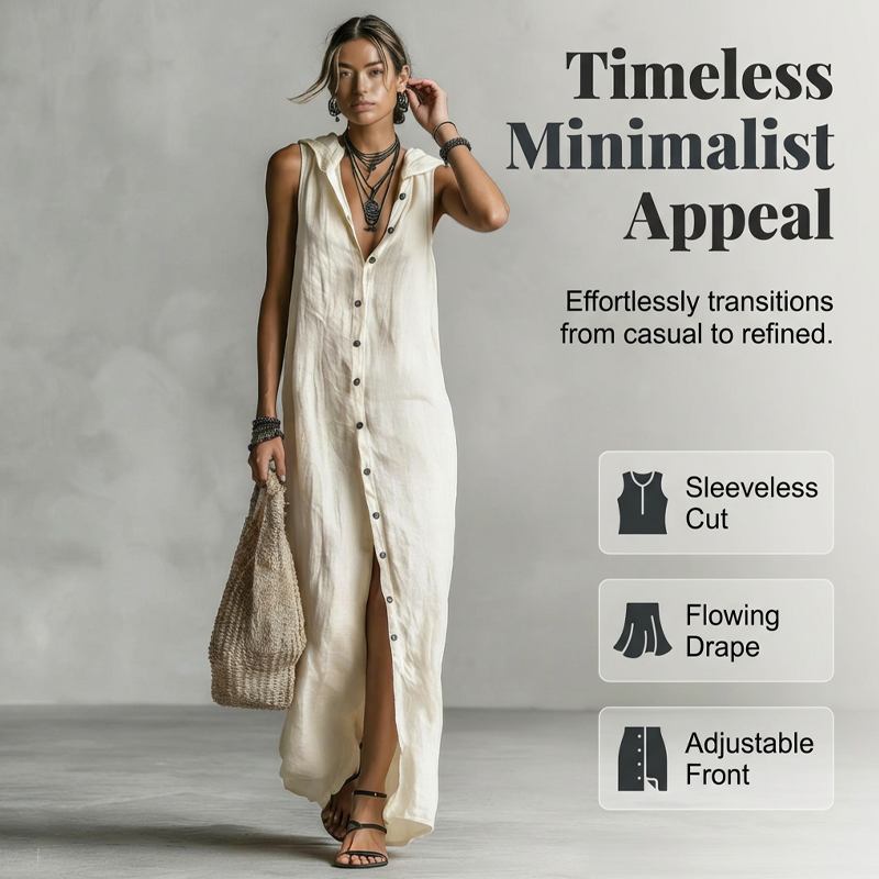 Robe Maxi Sans Manches Boutonnée à Capuche