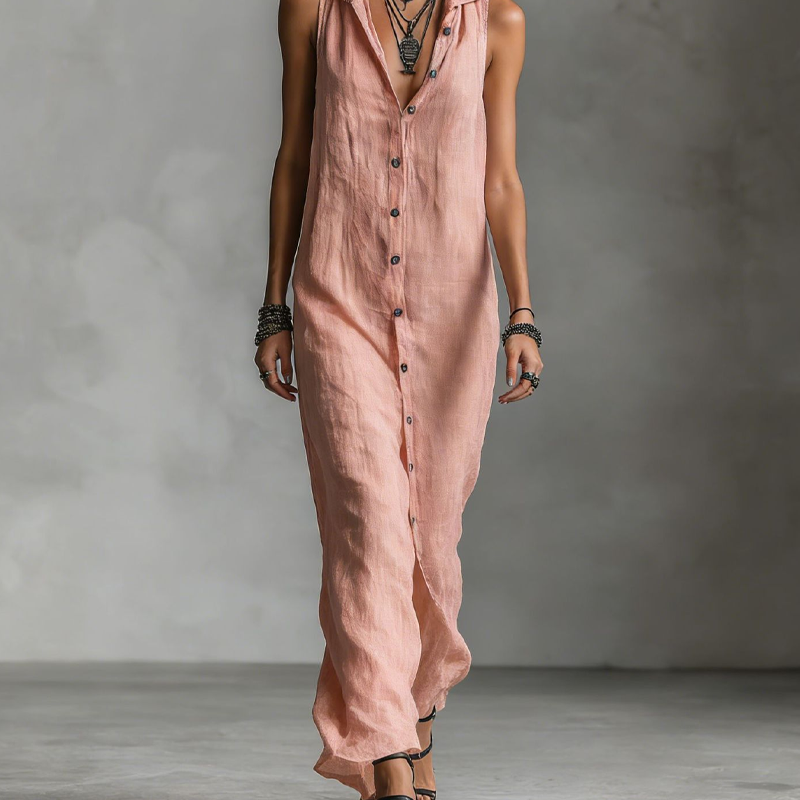 Robe Maxi Sans Manches Boutonnée à Capuche