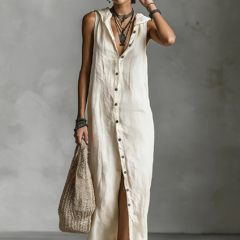 Robe Maxi Sans Manches Boutonnée à Capuche