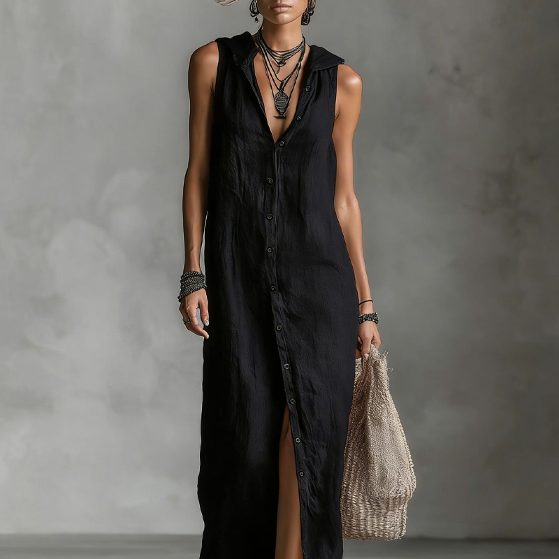 Robe Maxi Sans Manches Boutonnée à Capuche