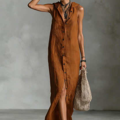 Robe Maxi Sans Manches Boutonnée à Capuche
