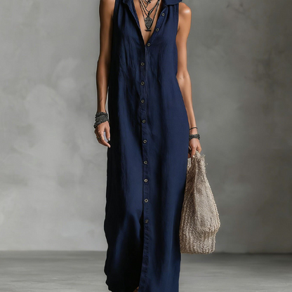 Robe Maxi Sans Manches Boutonnée à Capuche