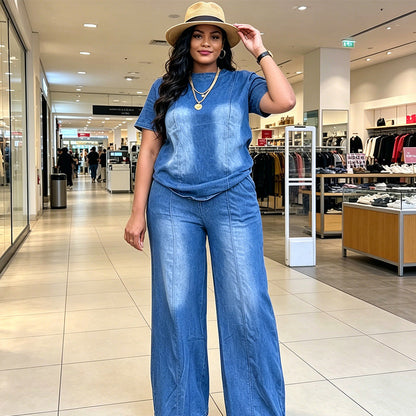 Ensemble 2 pièces pour femme : haut et pantalon en denim décontracté