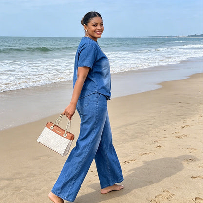 Ensemble 2 pièces pour femme : haut et pantalon en denim décontracté