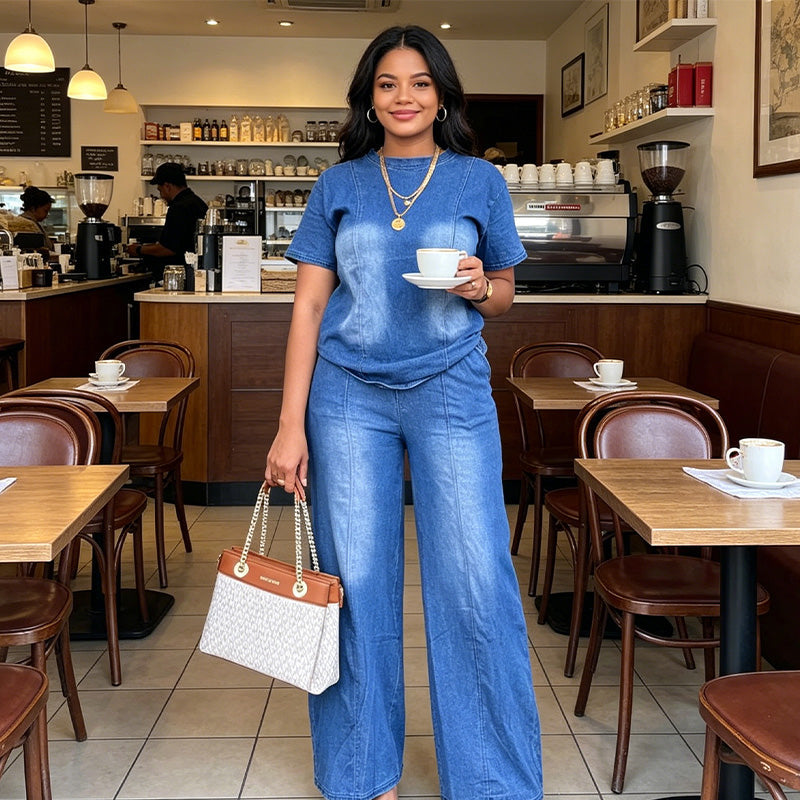 Ensemble 2 pièces pour femme : haut et pantalon en denim décontracté