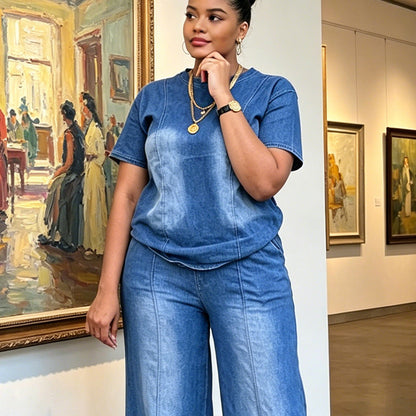 Ensemble 2 pièces pour femme : haut et pantalon en denim décontracté