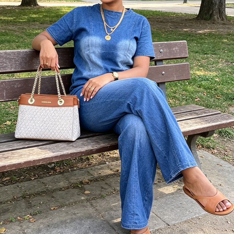 Ensemble 2 pièces pour femme : haut et pantalon en denim décontracté