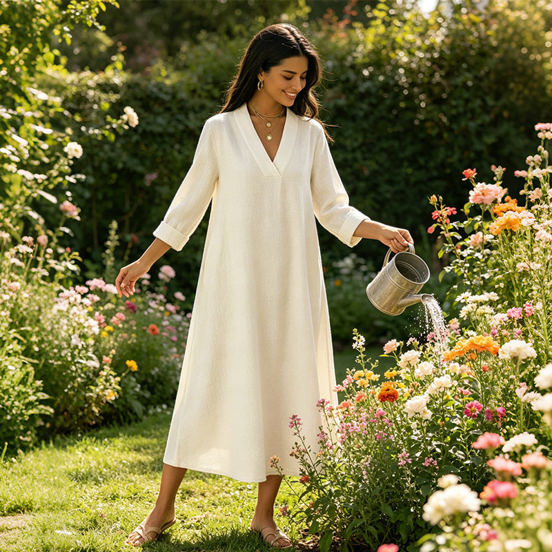Robe trapèze col en V en coton et lin pour femme
