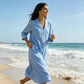 Robe trapèze col en V en coton et lin pour femme