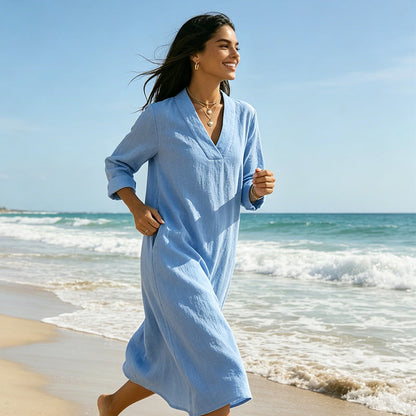 Robe trapèze col en V en coton et lin pour femme