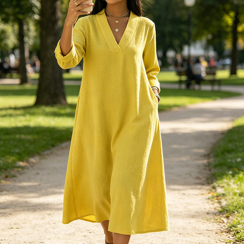 Robe trapèze col en V en coton et lin pour femme
