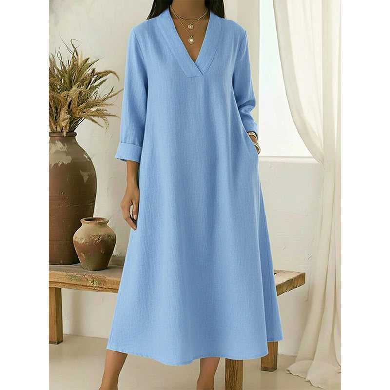 Robe trapèze col en V en coton et lin pour femme