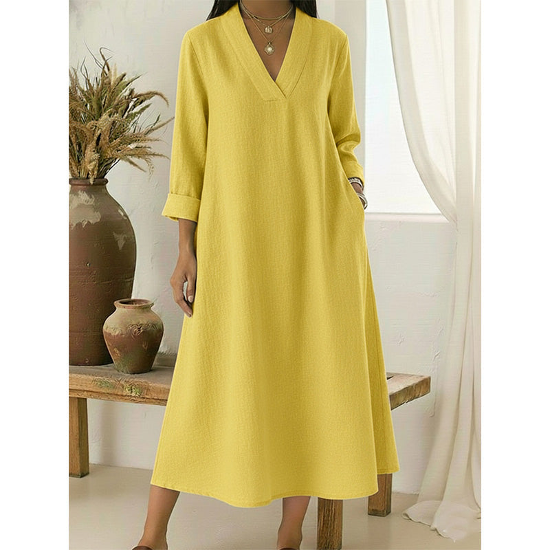 Robe trapèze col en V en coton et lin pour femme