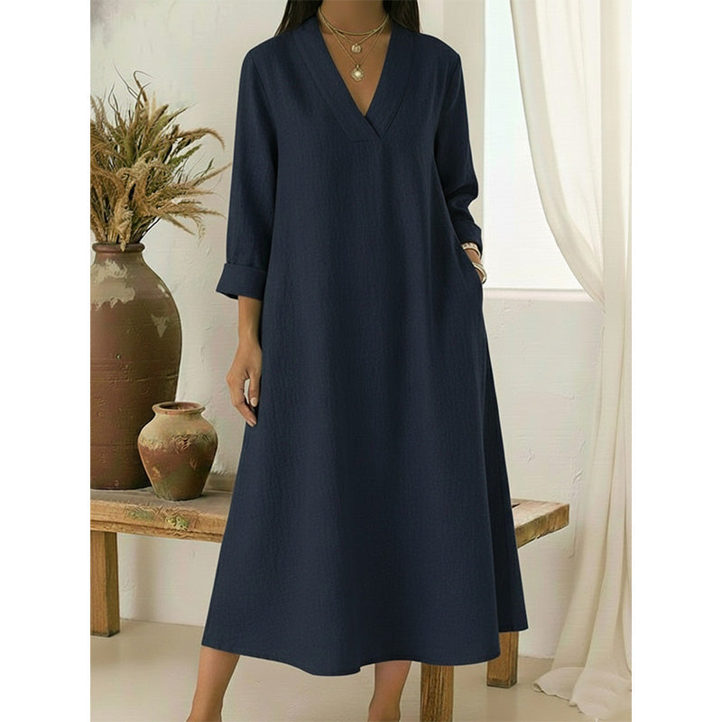 Robe trapèze col en V en coton et lin pour femme