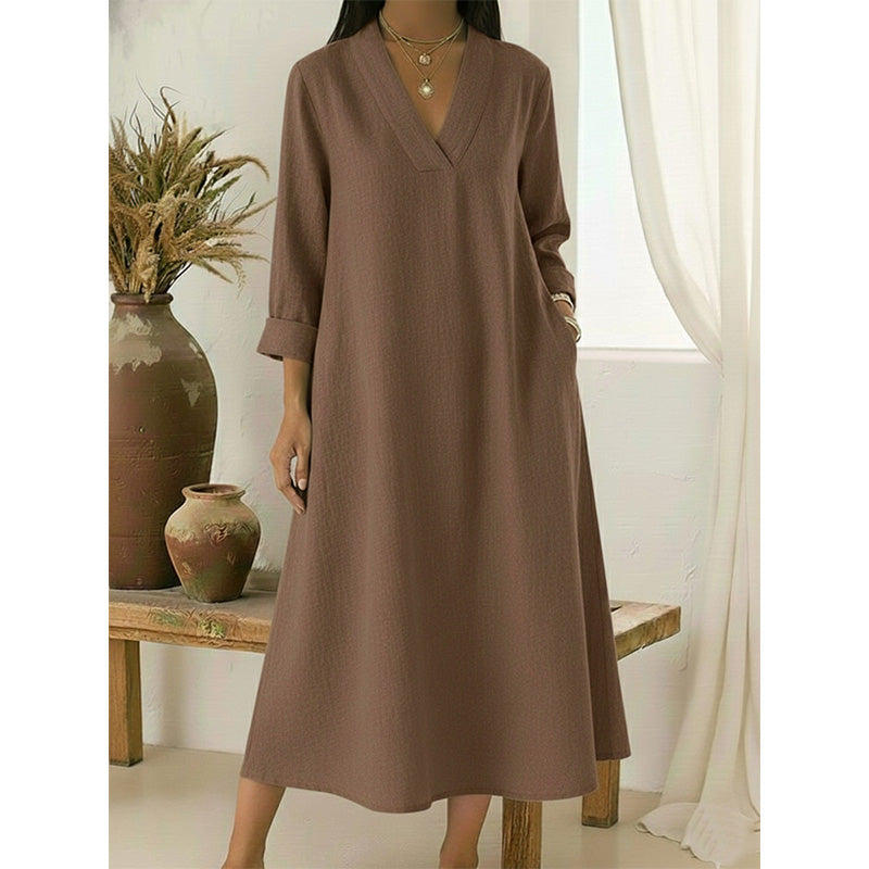Robe trapèze col en V en coton et lin pour femme