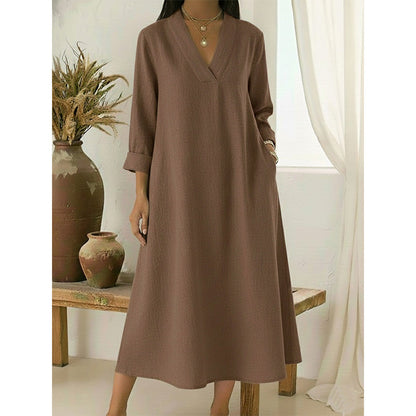 Robe trapèze col en V en coton et lin pour femme
