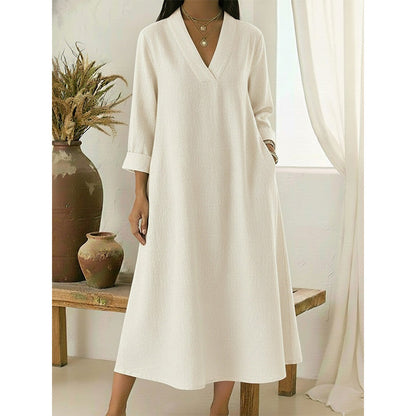 Robe trapèze col en V en coton et lin pour femme