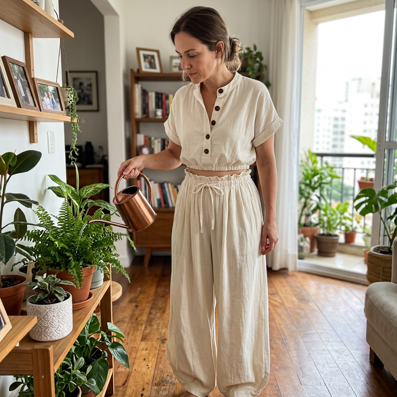 Ensemble boutonné ample uni pour l'été à la mode féminine