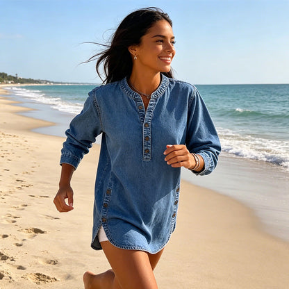 Chemise en jean ample à col en V pour femme