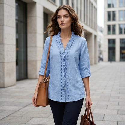 👚✨Chemisier décontracté à col en V et volants pour femme – Un style féminin et naturel au quotidien🌸