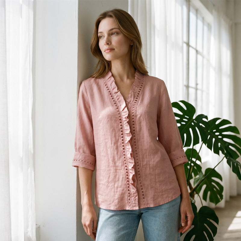 👚✨Chemisier décontracté à col en V et volants pour femme – Un style féminin et naturel au quotidien🌸