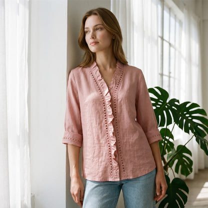 👚✨Chemisier décontracté à col en V et volants pour femme – Un style féminin et naturel au quotidien🌸