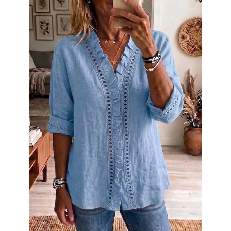 👚✨Chemisier décontracté à col en V et volants pour femme – Un style féminin et naturel au quotidien🌸