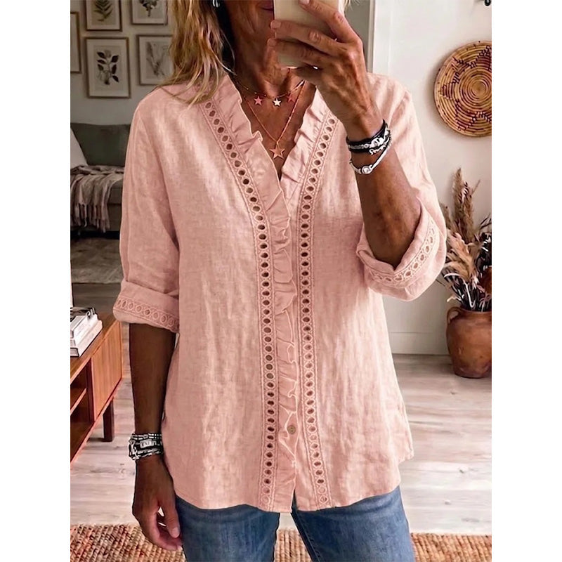 👚✨Chemisier décontracté à col en V et volants pour femme – Un style féminin et naturel au quotidien🌸