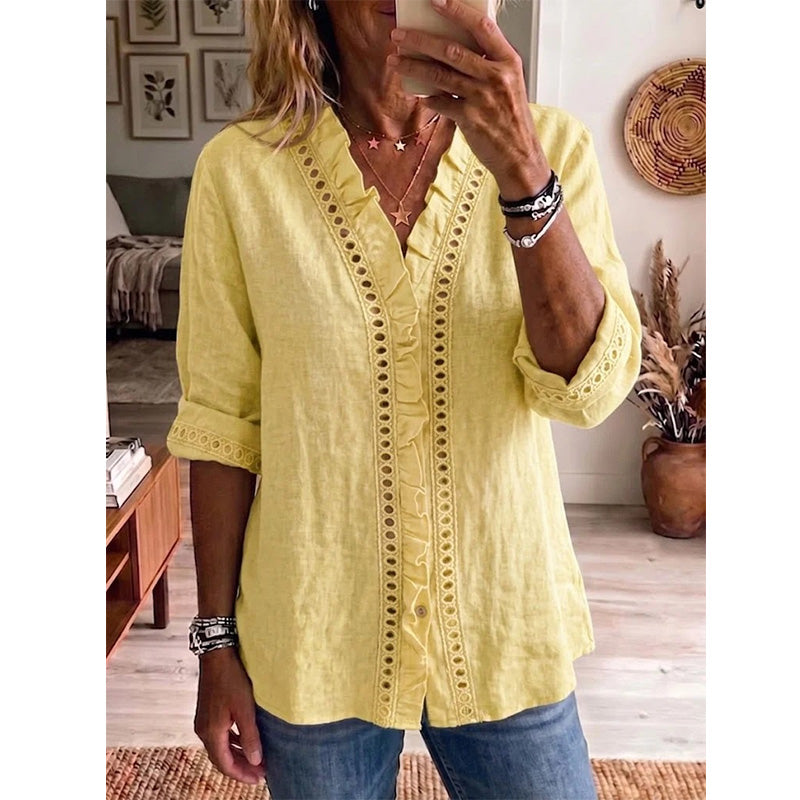 👚✨Chemisier décontracté à col en V et volants pour femme – Un style féminin et naturel au quotidien🌸
