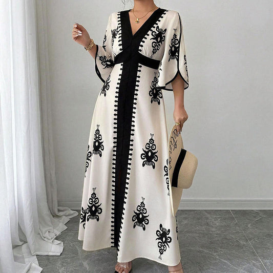 Robe longue élégante à col V imprimée pour femme
