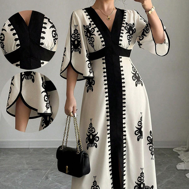 Robe longue élégante à col V imprimée pour femme