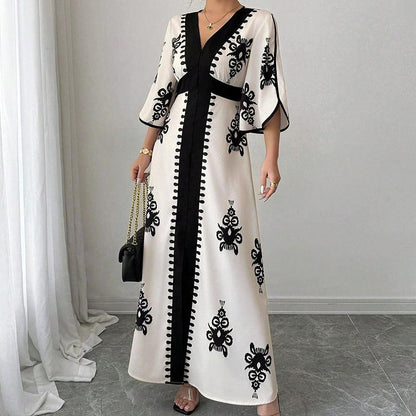 Robe longue élégante à col V imprimée pour femme