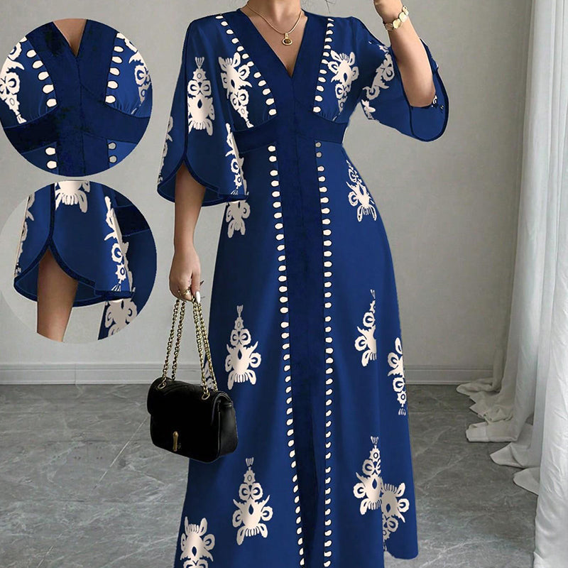 Robe longue élégante à col V imprimée pour femme