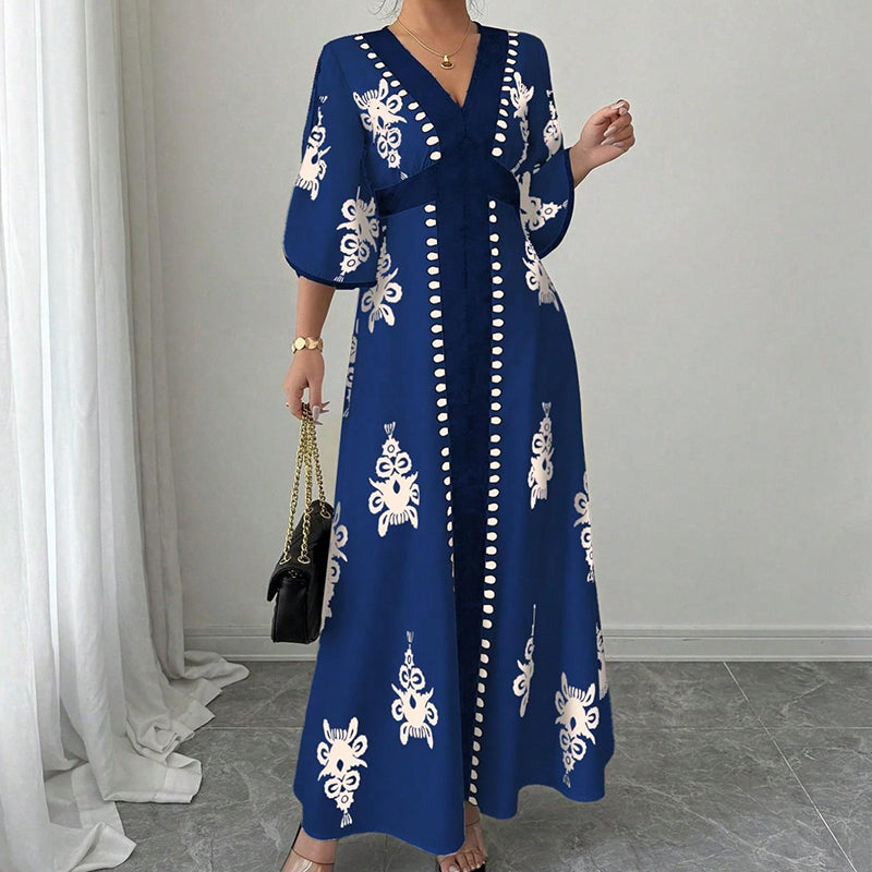 Robe longue élégante à col V imprimée pour femme