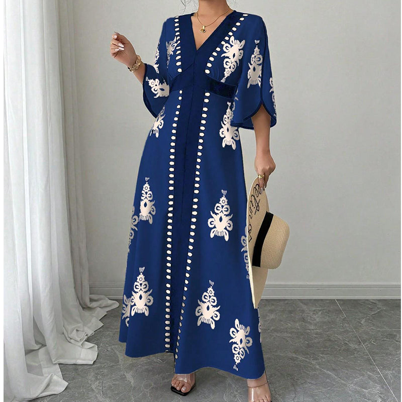 Robe longue élégante à col V imprimée pour femme