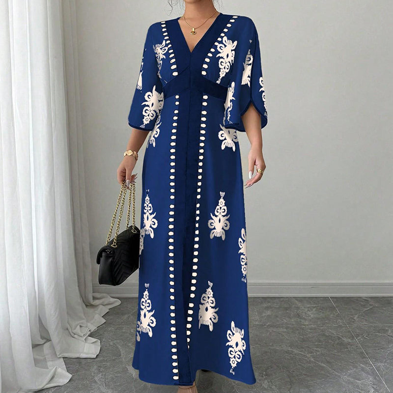 Robe longue élégante à col V imprimée pour femme
