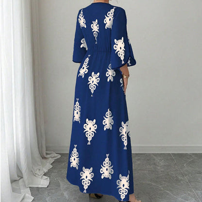 Robe longue élégante à col V imprimée pour femme