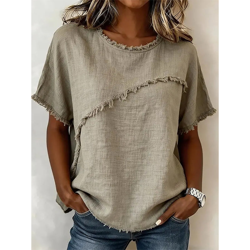 👚 OFFRE LIMITÉE -50% ! 💥 Top Été Femme à Bords Bruts – Col Rond, Coupe Décontractée, Style Tendance ✨