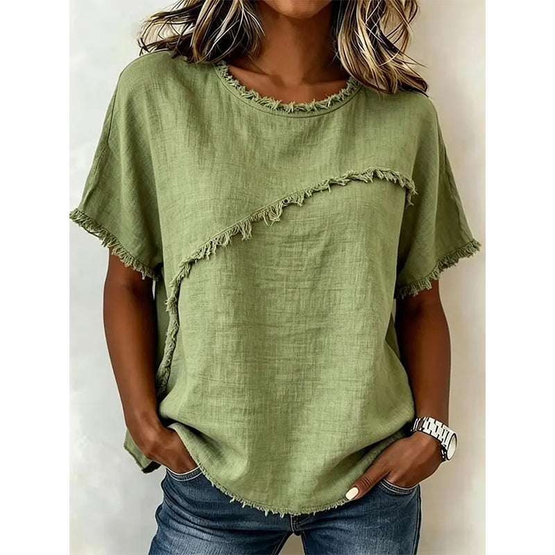 👚 OFFRE LIMITÉE -50% ! 💥 Top Été Femme à Bords Bruts – Col Rond, Coupe Décontractée, Style Tendance ✨