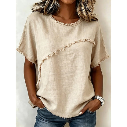 👚 OFFRE LIMITÉE -50% ! 💥 Top Été Femme à Bords Bruts – Col Rond, Coupe Décontractée, Style Tendance ✨