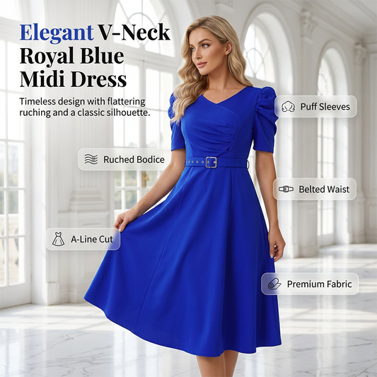 Robe midi élégante à col en V, unie, pour femme