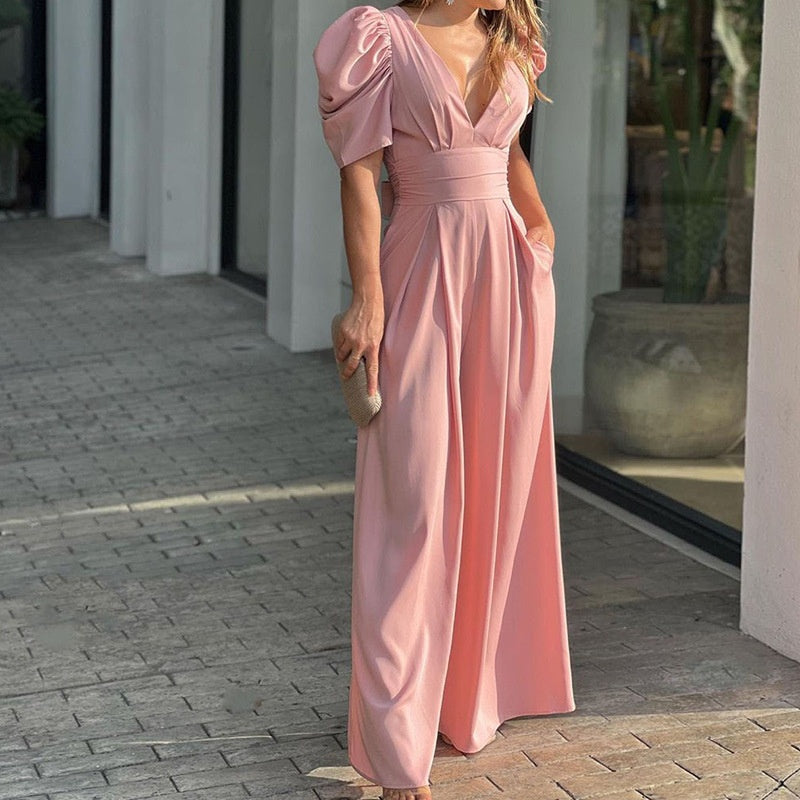 👗 PROMO LIMITÉE -50% ! ✨ Combinaison Femme Col V Profond Jambes Larges – Taille Haute Affinante, Polyester Doux Respirant · 5 Couleurs · S–3XL · Soirée & Quotidien 💃