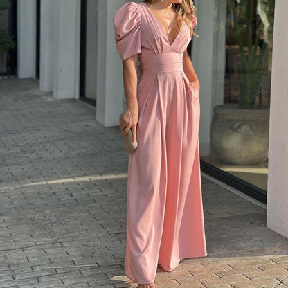👗 PROMO LIMITÉE -50% ! ✨ Combinaison Femme Col V Profond Jambes Larges – Taille Haute Affinante, Polyester Doux Respirant · 5 Couleurs · S–3XL · Soirée & Quotidien 💃
