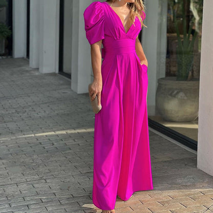 👗 PROMO LIMITÉE -50% ! ✨ Combinaison Femme Col V Profond Jambes Larges – Taille Haute Affinante, Polyester Doux Respirant · 5 Couleurs · S–3XL · Soirée & Quotidien 💃