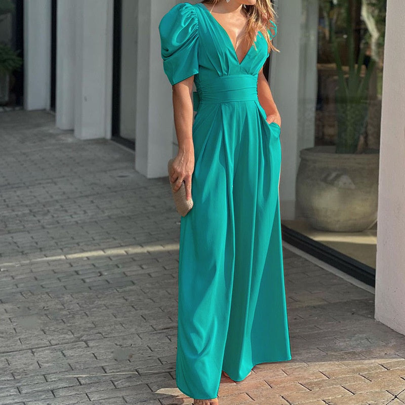 👗 PROMO LIMITÉE -50% ! ✨ Combinaison Femme Col V Profond Jambes Larges – Taille Haute Affinante, Polyester Doux Respirant · 5 Couleurs · S–3XL · Soirée & Quotidien 💃