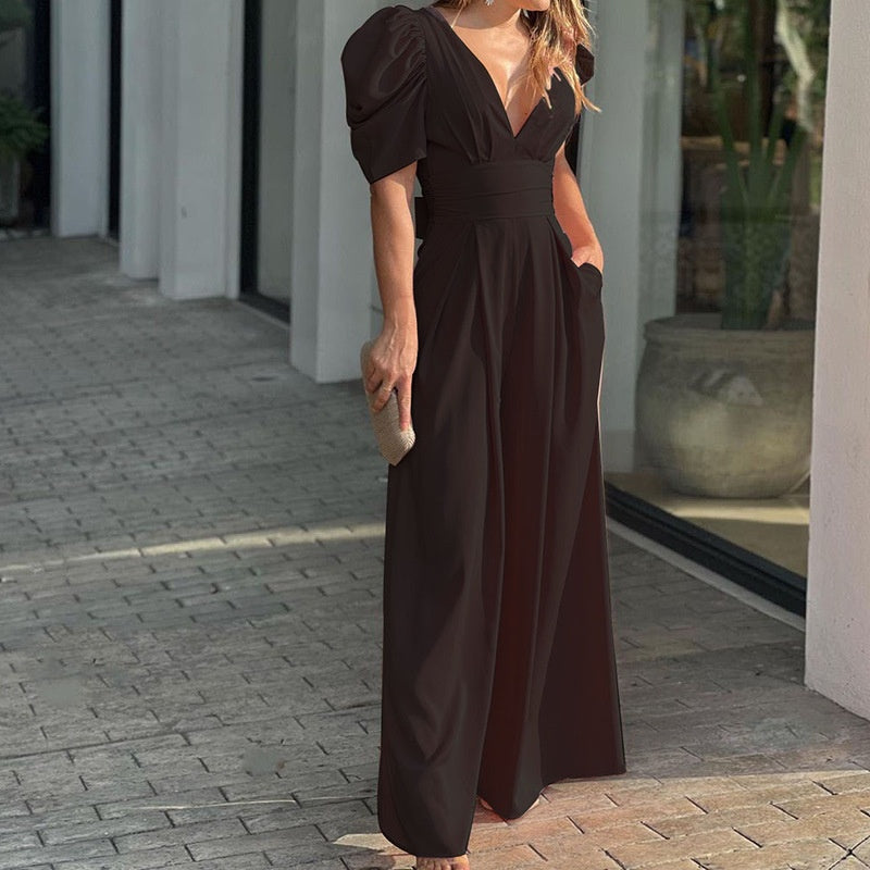 👗 PROMO LIMITÉE -50% ! ✨ Combinaison Femme Col V Profond Jambes Larges – Taille Haute Affinante, Polyester Doux Respirant · 5 Couleurs · S–3XL · Soirée & Quotidien 💃