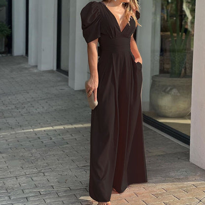 👗 PROMO LIMITÉE -50% ! ✨ Combinaison Femme Col V Profond Jambes Larges – Taille Haute Affinante, Polyester Doux Respirant · 5 Couleurs · S–3XL · Soirée & Quotidien 💃